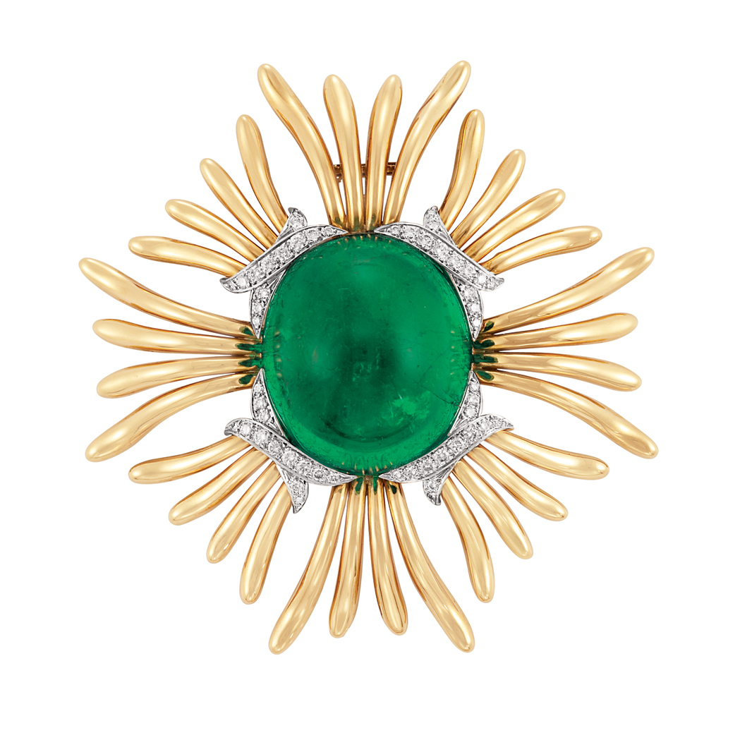 Appraisal: Gold Platinum Cabochon Emerald and Diamond 'Ray' Clip-Brooch Verdura kt