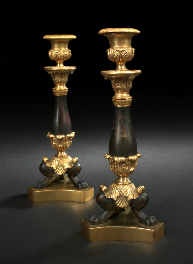 Appraisal: Pair of Louis-Philippe Partially Patinated and Gilt-Bronze Tripodal Candlesticks second