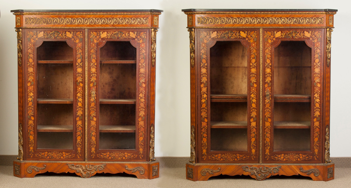 Appraisal: Pair of Inlaid Rosewood Mahogany Cabinets th cent Gilt bronze