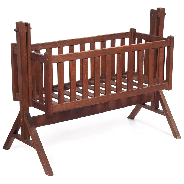 Appraisal: Arts Crafts cradle slatted cradle supported by ''A'' frame sides