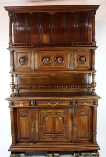 Appraisal: French Mannerist hooded buffet in walnut French Mannerist hooded buffet