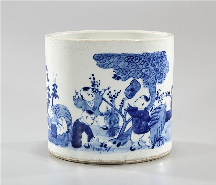 Appraisal: Chinese blue and white porcelain brush pot with children playing