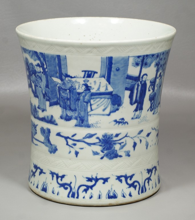 Appraisal: Blue white Chinese porcelain cylindrical jar figures in landscape decoration