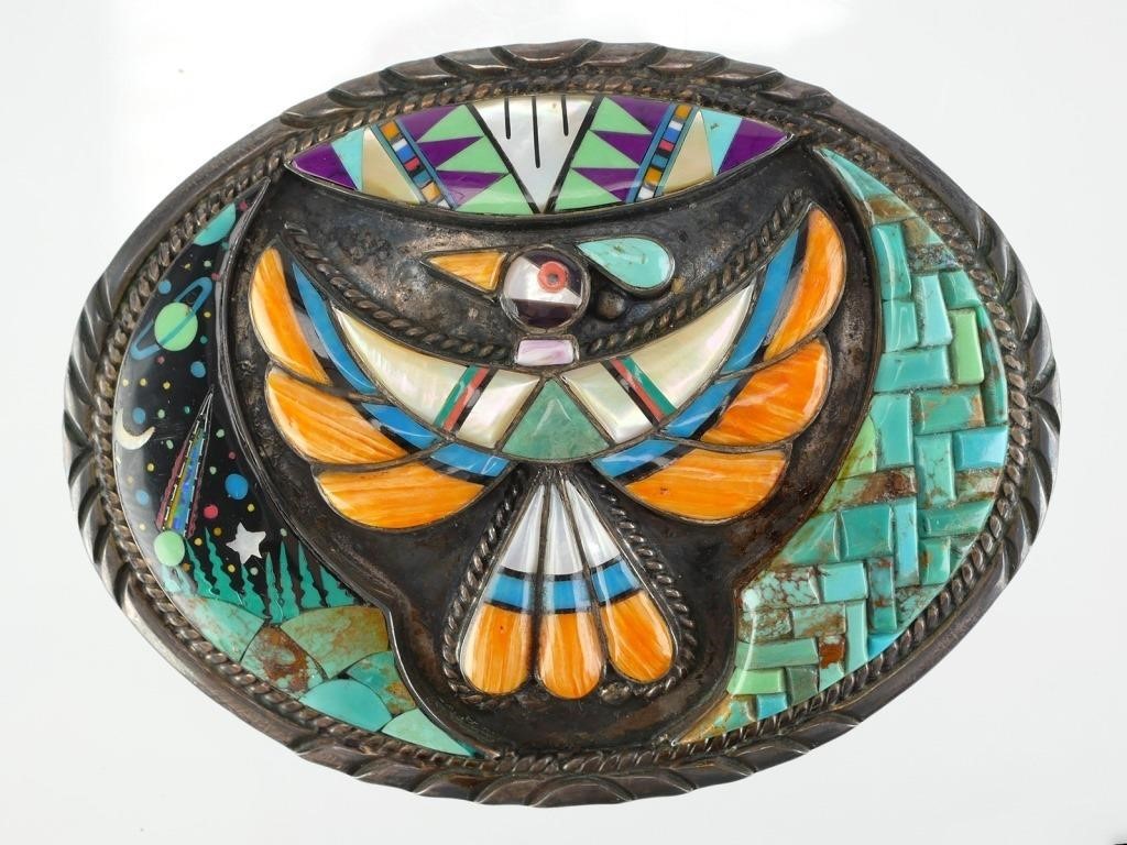 Appraisal: STERLING TURQUOISE CORAL ONYX INLAY BELT BUCKLENative American style sterling