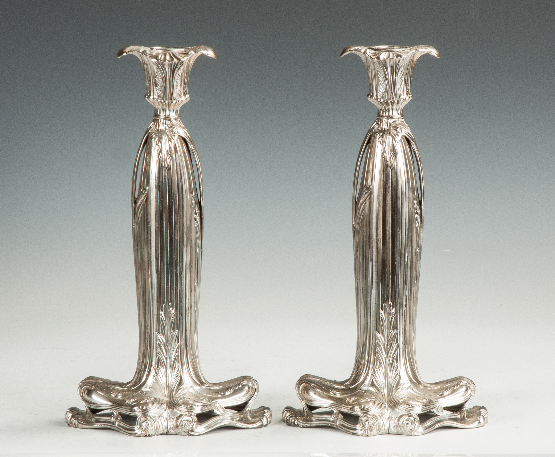 Appraisal: Pairpoint Silver Plate Art Nouveau Style Candlesticks Stamped Pairpoint Mfg