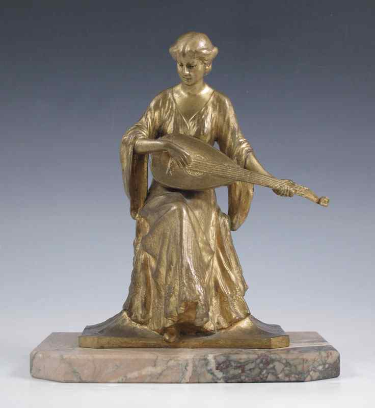 Appraisal: BRONZE MANDOLIN PLAYER SIGNED ARGENTOR-WIEN '' h affixed to marble