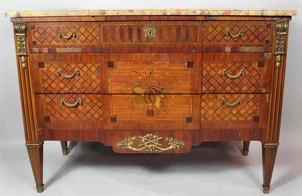 Appraisal: LOUIS XVI MAHOGANY MARQUETRY AND PARQUETRY BRASS MOUNTED MARBLE TOP