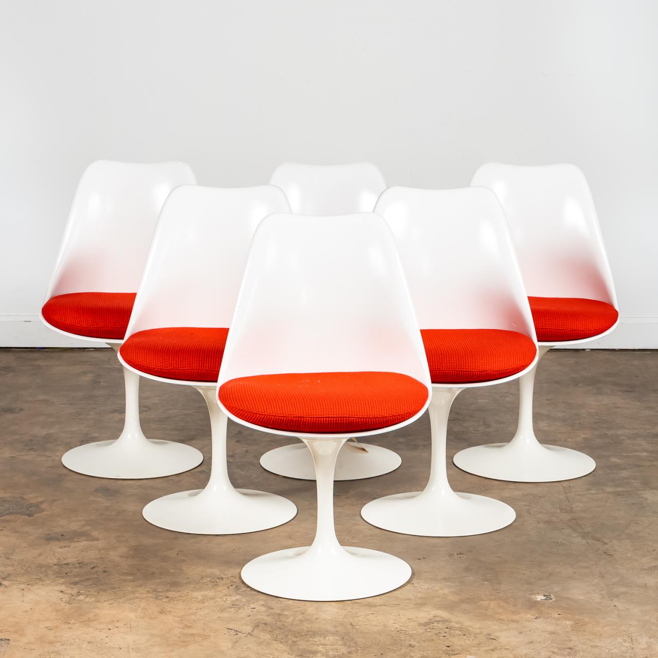 Appraisal: SIX SAARINEN WHITE TULIP CHAIRS RED CUSHIONS MCM Eero Saarinen