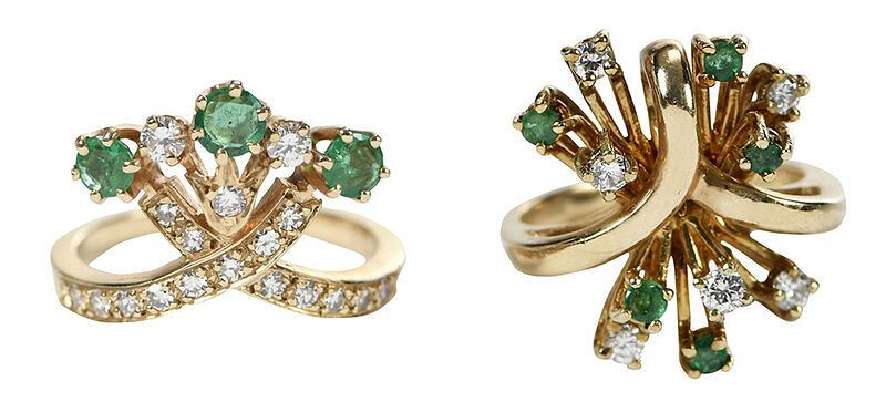 Appraisal: Two kt Diamond and Emerald Rings X design three round