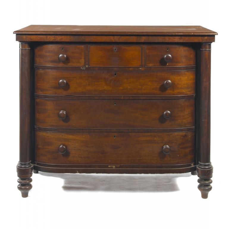 Appraisal: A VICTORIAN MAHOGANY BOW CENTRED CHEST OF DRAWERS fitted with