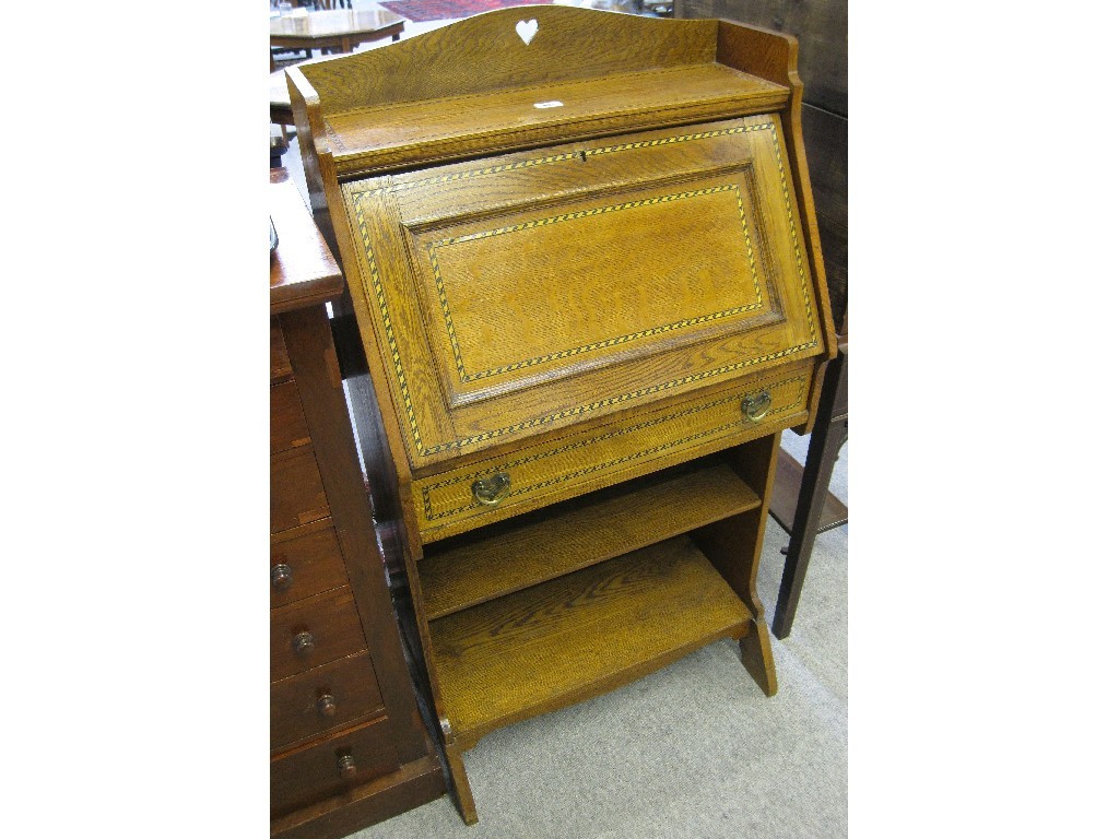 Appraisal: Oak and chequer string inlaid bureau bookcase