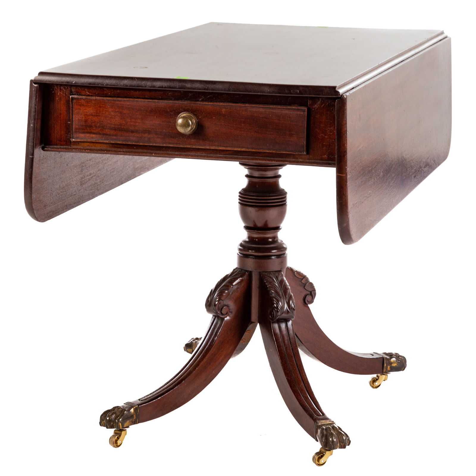 Appraisal: REGENCY STYLE MAHOGANY DROP LEAF TABLE With functional drawers at