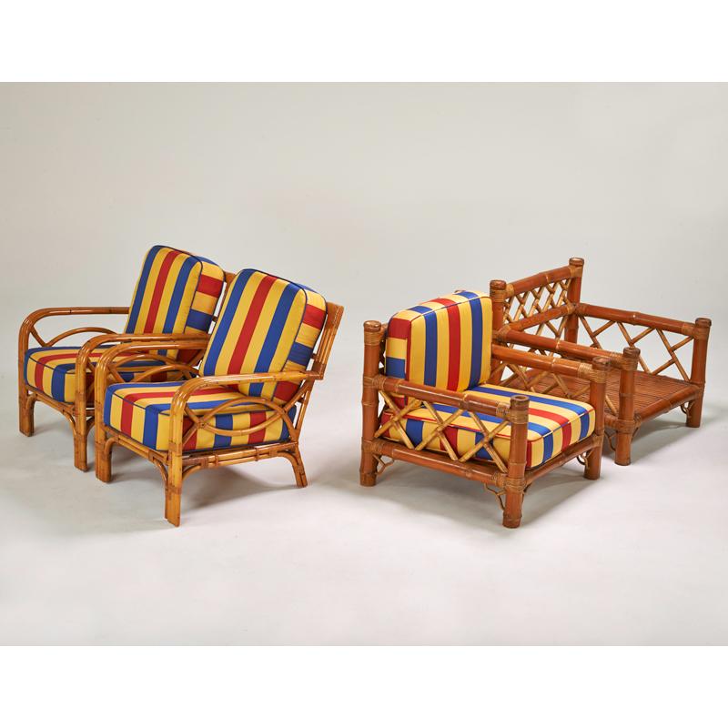 Appraisal: GARDEN SEATING Four lounge chairs USA s Bamboo rattan upholstery