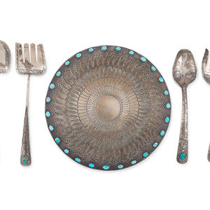 Appraisal: A Navajo Stamped Silver Plate and Serving Utensils with Turquoise