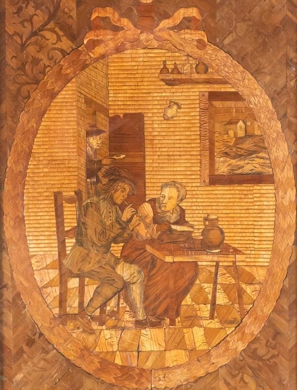 Appraisal: Continental marquetry panel with wood burning a scene of a