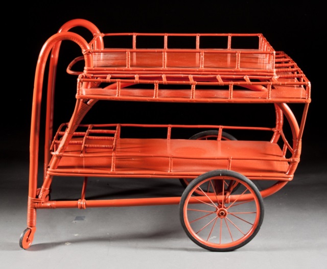 Appraisal: Contemporary orange painted wood cart three levels individual pockets for