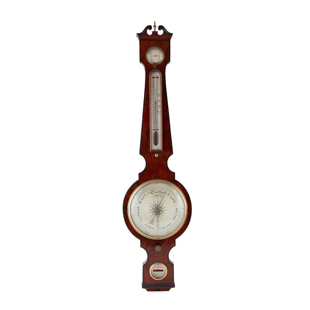 Appraisal: GEORGE III MAHOGANY AND EBONY WHEEL BAROMETER J TAGLIABUE LONDON