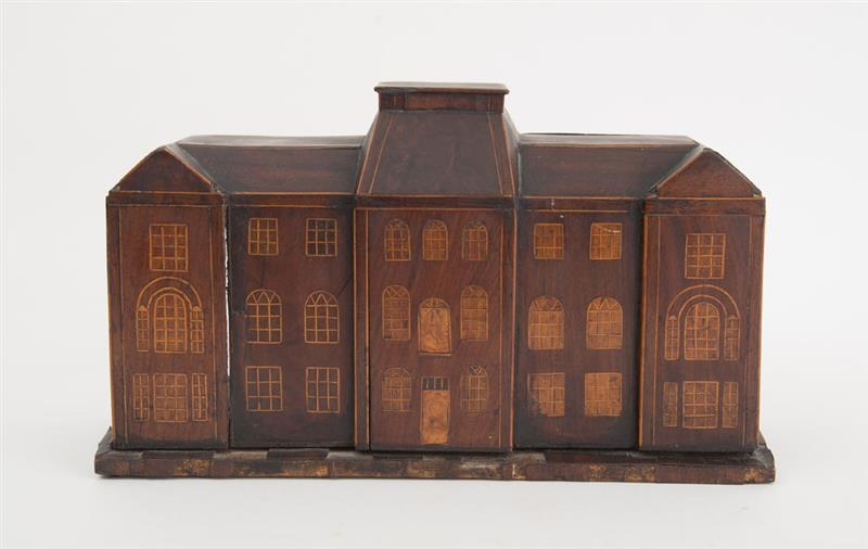 Appraisal: ENGLISH INLAID MAHOGANY HOUSE FRONT With three towers joining two