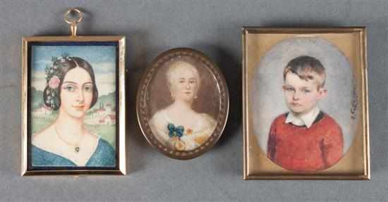 Appraisal: American and Continental Schools Three portrait miniature gouache on ivory