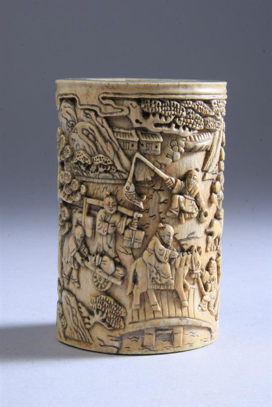 Appraisal: CHINESE EXPORT IVORY BRUSH POT circa Cylindrical form depicting figural