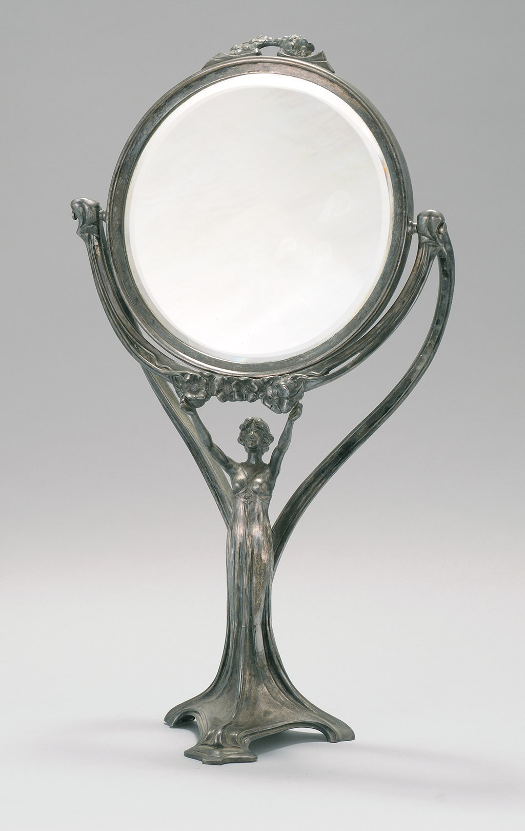 Appraisal: ART NOUVEAU FIGURAL SILVER PLATED TOILET MIRROR ATTRIBUTED TO WMF