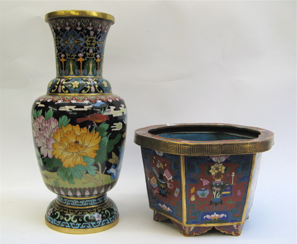 Appraisal: CHINESE CLOISONNE VASE AND JARDINIERE the tall vase decorated with