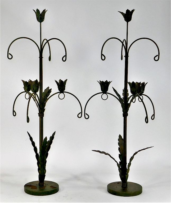 Appraisal: PR Patinated Iron Foliate Candelabra Candle Sticks United States th