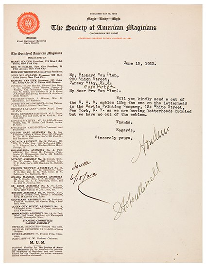 Appraisal: HOUDINI HARRY Typed Letter Signed to Richard Van Dien Secretary