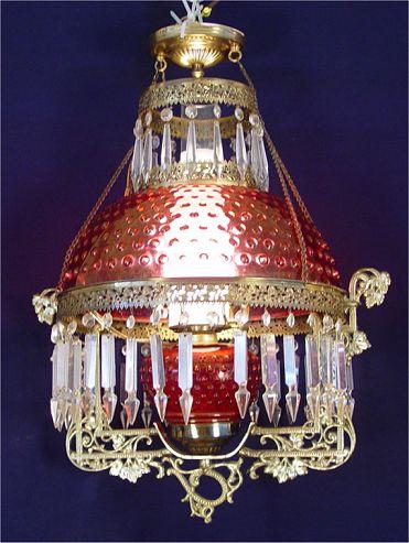 Appraisal: VICTORIAN CRANBERRY HOBNAIL GLASS CHANDELIER Glass font and shade flashed