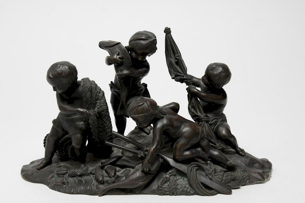 Appraisal: Continental Bronze Sculpture Boys Fishing th C Continental probably French