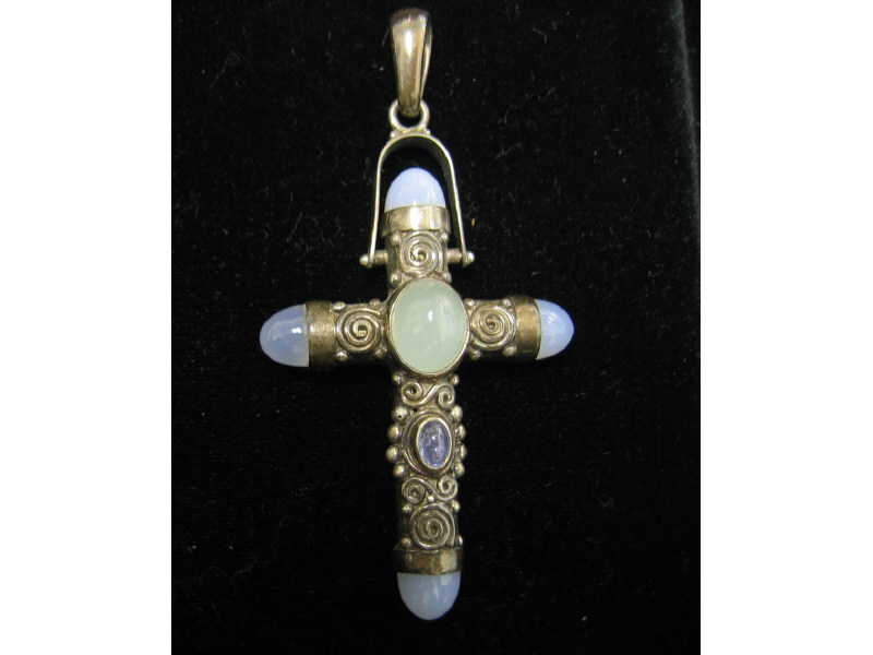 Appraisal: SILVER GEMSTONE CROSS Silver engraved design cross by designer Sajen