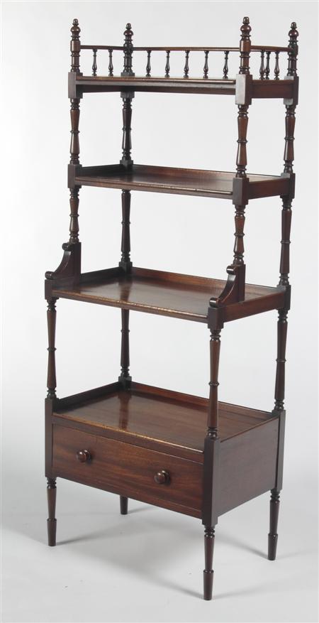 Appraisal: MAHOGANY ETAGERE TH CENTURY the galleried top above four shelves