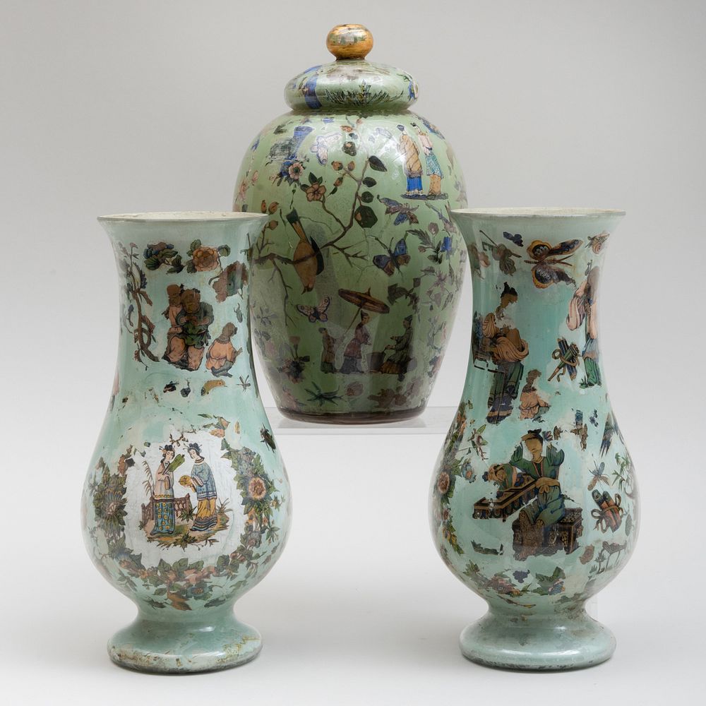 Appraisal: Pair of Chinoiserie Green Ground Decalcomania Vases and a Jar