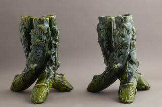 Appraisal: Pair of Majolica Triple Vases early th c of b