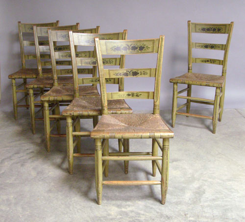 Appraisal: Set of six painted rush seat chairs th c