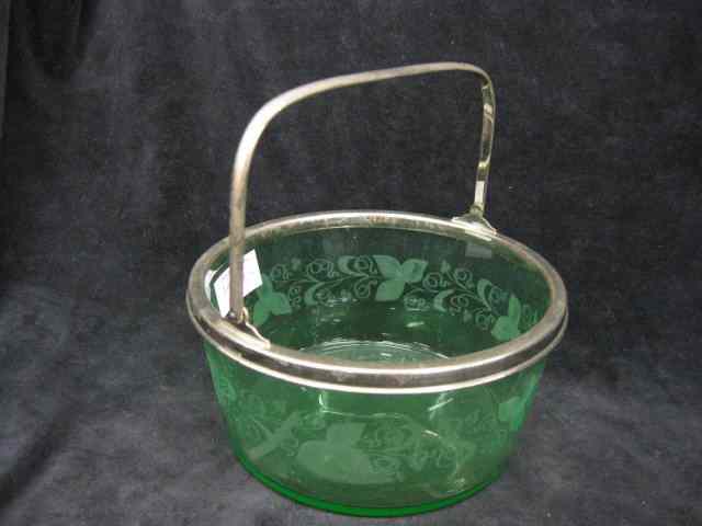 Appraisal: Hawkes Etched Green Glass Candy Dish flowering vine decor signed