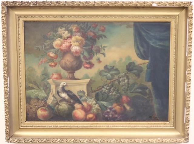 Appraisal: OIL ON CANVAS PAINTING STILL LIFE AND LANDSCAPE MONOGRAMMED IN