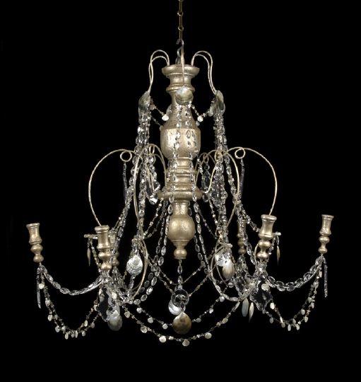 Appraisal: Large Italian Silvered Wood Cut Glass and Seashell Six-Light Chandelier