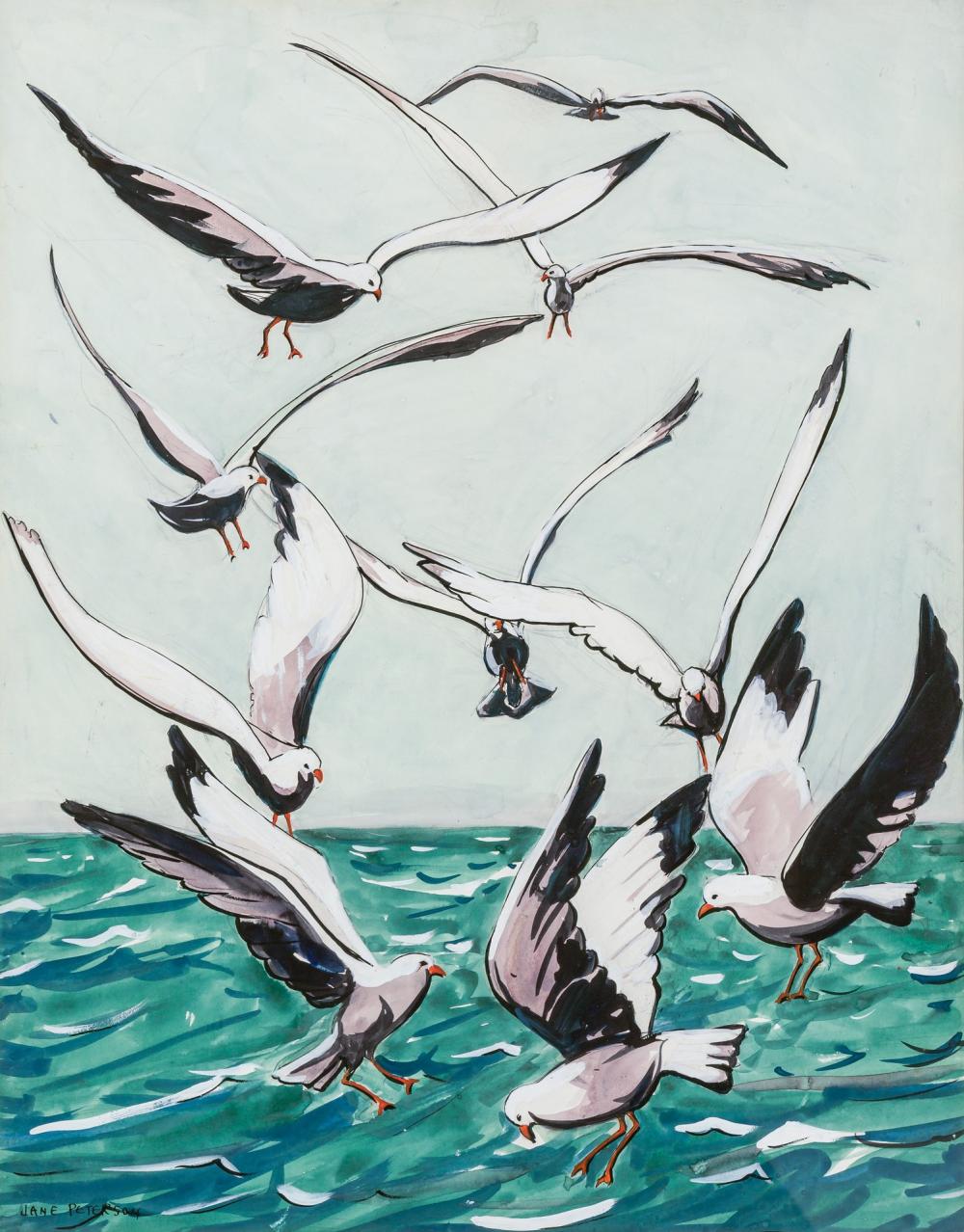 Appraisal: JANE PETERSON American - Flying Seagulls watercolor gouache and ink