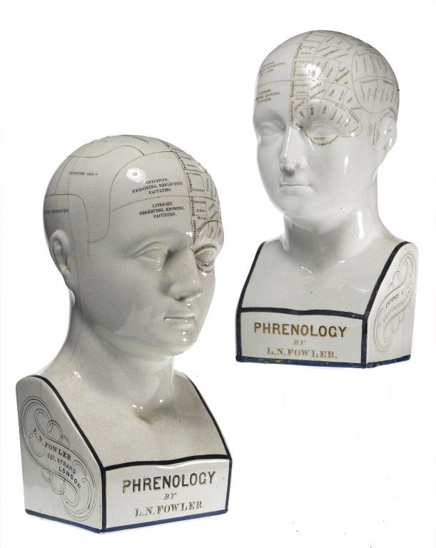 Appraisal: TWO STAFFORDSHIRE WHITE EARTHENWARE PHRENOLOGIST'S MODELS OF THE HUMAN HEAD