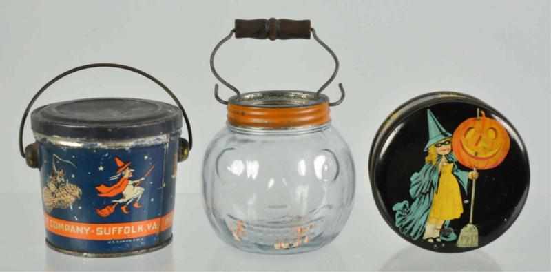 Appraisal: Lot of Halloween Pieces Description Glass pumpkin candy container with