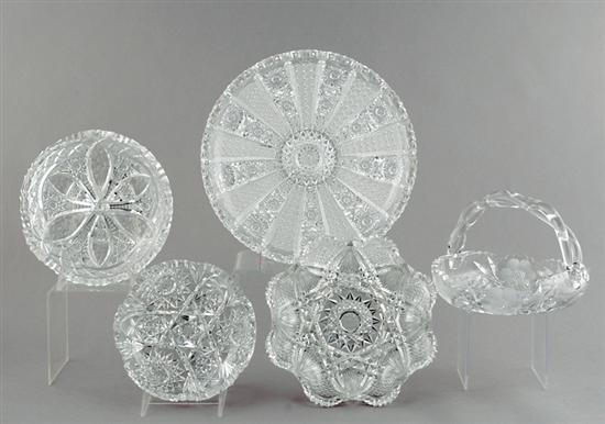 Appraisal: Cut-crystal shallow bowls and basket large bowl H Dia two