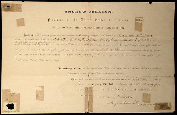 Appraisal: JOHNSON ANDREW documents Presidentially signed by Andrew Johnson Comprises Document