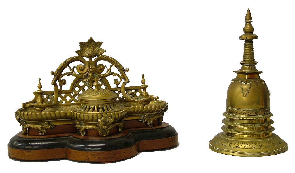 Appraisal: Oriental brass circular stepped jar and cover of Temple form