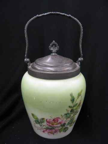 Appraisal: Wavecrest Art Glass Biscuit Jar floral decor silverplate lid swing