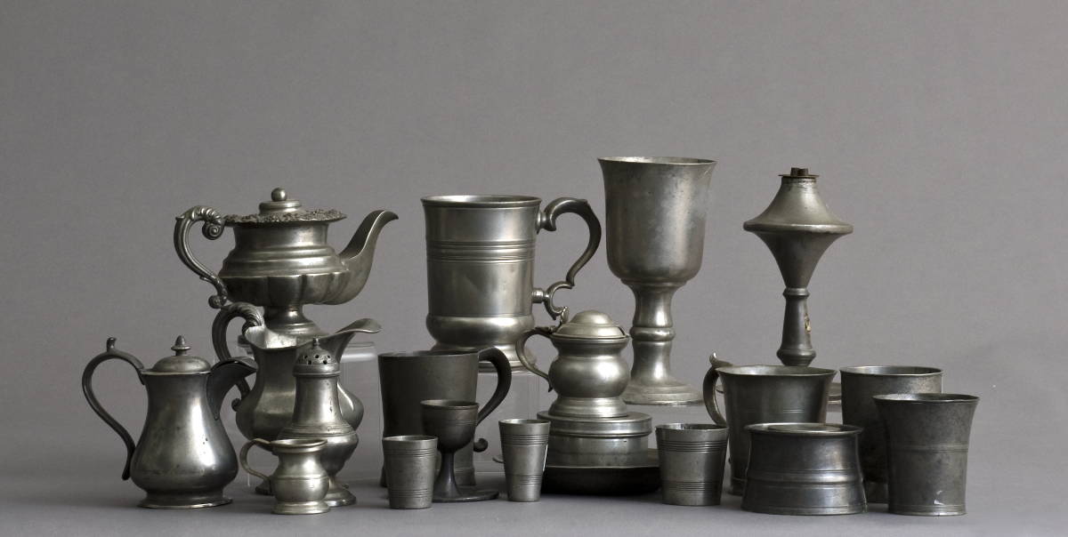 Appraisal: TWENTY AMERICAN AND ENGLISH PEWTER TABLE OBJECTS INCLUDING BEAKERS MUGS