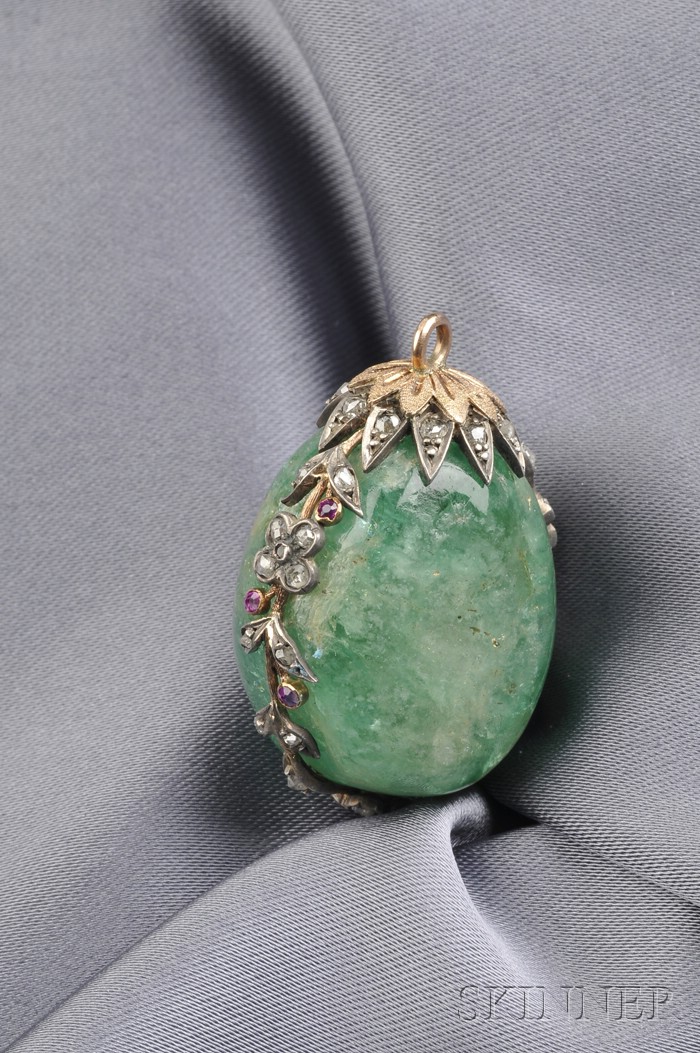 Appraisal: Antique Emerald Bead Pendant France the large irregularly shaped bead