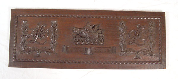 Appraisal: SCOTTISH CARVED WILD BOAR FEROCI FORTIOR PLAQUE Carved thistles monograms