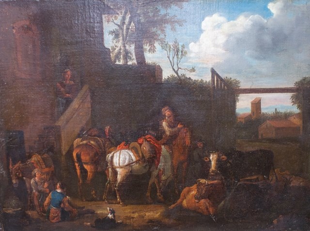 Appraisal: Follower of Philips Wouwerman Travellers and their horses outside an