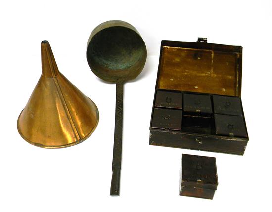 Appraisal: Early toleware spice box with six original interior canisters labeled